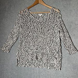 J Jill Sweater Womens Medium Black White Open Knit Popover Pullover Chunky
